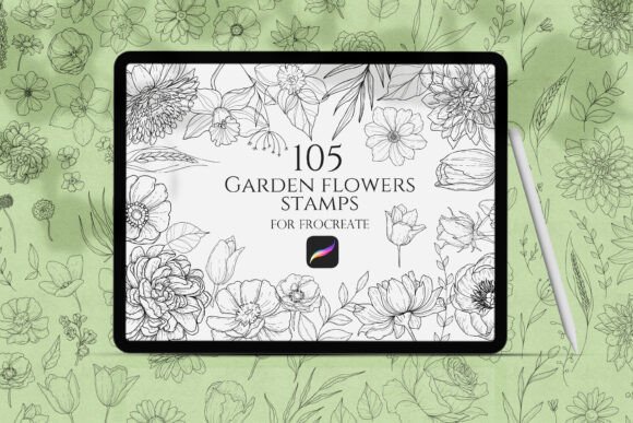 Botanical Illustration 105: Garden Flowers Procreate Stamps